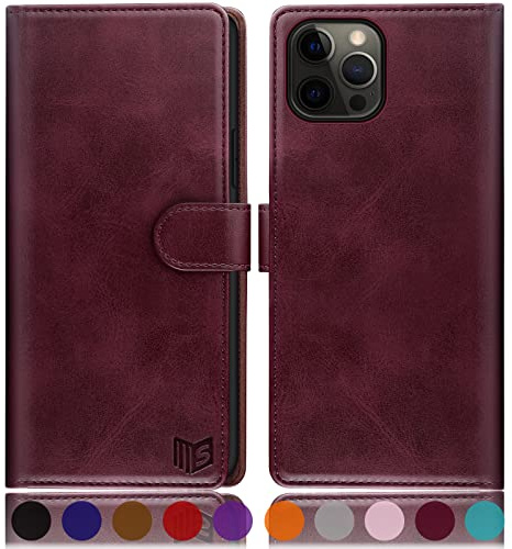 SUANPOT [RFID Schutz für iPhone 12 Pro Max 6,7-Zoll Hülle PU Leder Handyhülle Lederhülle Klapphülle Kartenfach Flip Cover für Apple 12 Pro Max Handy hülle Leather Wallet Phone Case Rotwein