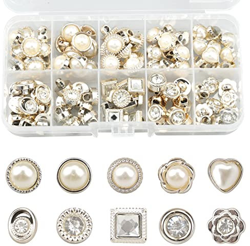 milaosk 100 Stück Künstliche Perlen Knöpfe, Vintage knöpfe Nähen, Halbkugel Perlenknöpfe mit Schaft, Weiße Knöpfe mit Strass für Kleidung Hemden (10 Stile)