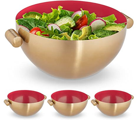 Relaxdays 4X Ciotola da Portata, Insalatiera, Design Moderno Acciaio Inox Tavola e Cucina, Snack e Impasti, Ø 24,55 cm, Oro Rosso