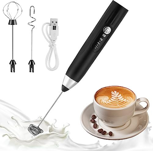 Weinsamkeit Milchaufschäumer Elektrisch USB Milchaufschäumer Stab with 3 Heads, Elektrischer Schneebesen 3 Einstellbare Geschwindigkeiten Edelstahl für Kaffee Latte Macha Cappuccino Eier Schlagen