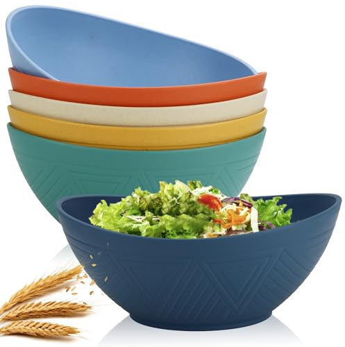 Homienly 60oz Wheat Straw Bowls Set of 6 Salad Bowls Large Popcorn Bowl Unbreakable Serving Bowls Microwave & Dishwasher Safe Bowl Set Centerpiece Bowls for Kitchen, Party, Decor, Camping (Multi)