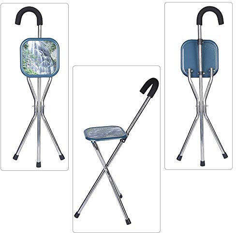 Folding Walking Stick Chair, 3 Leg Sitting Tripod Walking Cane with Seat for Elderly Crutch Stainless Steel Height Adjustable with Non-Slip Grip Handle and Rubber Tip (Square) Present