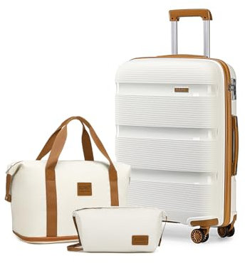 KONO Reisekoffer Mittelgroß Koffer Gepäck-Sets 3 Teilig Kofferset, 65cm Hartschalenkoffer mit Leicht Reisetasche und Kulturbeutel (Weiß/Braun)