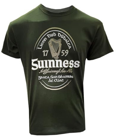 Guinness Traditional Craft Label Irlandais T-Shirt Vert Foncé avec Harpe Irlandaise 100% Recyclé, M