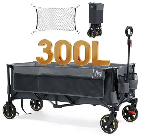 TIMBER RIDGE XXXL Chariot Pliable 300L 160KG avec Frein Filets Anti-Chute Chariot de Transport Poche Latérale Porte-Boisson Poignée Réglable Chariot de Jardin Chariot de Plage pour Tous Les terrains