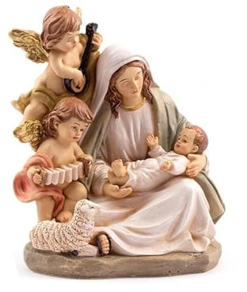DRW Figura Virgen con el niño y Angeles Resina Pintada a Mano 13 cm