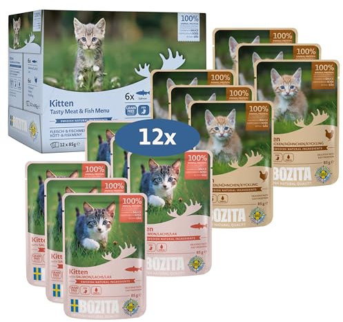 Bozita Nassfutter Häppchen in Sauce mit Fisch und Fleisch - 12x85g Portionsbeutel getreidefreies & weizenfreies Futter für Katzen - Katzennassfutter für Adult-Katzen mit 8,5% Protein & 4,5% Fettgehalt