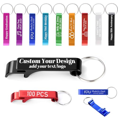 LLLGSH 100 STÜCKE Individuelle Flaschenöffner, Personalisierte Flaschenöffner Schlüsselanhänger, Personalisierte Flaschenöffner mit Ihrem Text Design Logo, Kundenspezifische Party Jubiläen Liefert