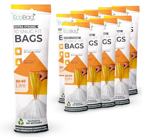 EcoBag - 100 Pack White Kitchen Drawstring Bin Liner - 50-60L - 28 Microns - Heavy Duty, Extra Strong, Brabantia Compatible, Eco-Friendly, Tear Resistant, Clear Recycling Bags (620 x 810mm)