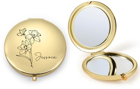jewelora Personalisierte Taschenspiegel Klappbar mit Geburtsblumen und Namen Schminkspiegel Klein Reisespiegel für Damen Mädchen Mama Freundin Hochzeit Weihnachten Personalisierte Geschenk (Gold)