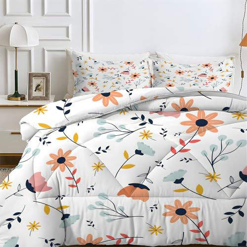Couette 220x240 4 Saisons Motif Fleur d'Oranger Imprimée Plante 2 Personnes Réversible Sans Housse (Fleur 06, C)