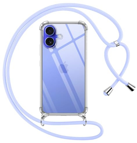 Pnakqil Coque pour iPhone 16 Plus avec Cordon, Transparente Silicone Housse avec Réglable de Collier Anti-Chute Etui pour iPhone 16 Plus 6.7, Ètuis à Bandoulière, Violet