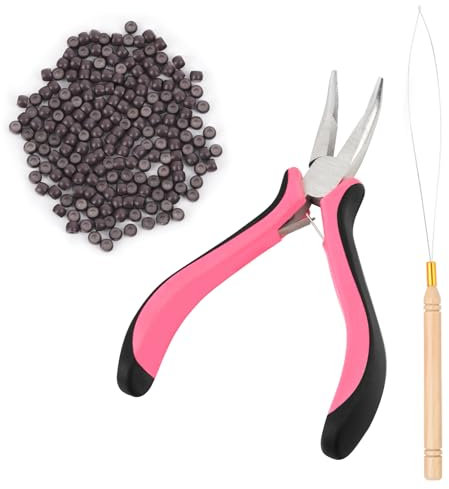 Vlasy Hair Extensions Tools Kit,Professional Tools with Hair Extension Pliers Pink,Loop Threader and 100PCS 3.0mm Silicone Hair Extension Rings Beads Links (Brown)