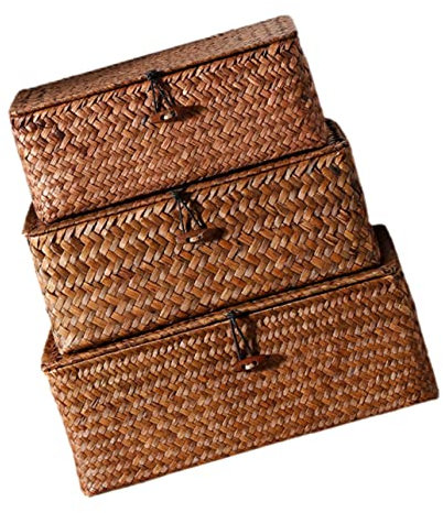 TINEASUR 3stücke Geflochtener Aufbewahrungskorb Mit Deckel Rustikale Rattanmöbel Korb Mit Deckel Für Kleinteile-organizer Aufbewahrungsbox Für Schreibtisch Platz Für Ladegeräte Und Datenkab