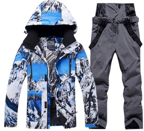 Skianzug Herren 2 Teilig Set Übergröße, Thermoanzug Herren Angeln Warme Skibekleidung mit Kapuzen Tracksuit Winter Skijacke Wasserdicht Schneeanzug Jacke und Hosen Skianzug Winddicht Schneemantel