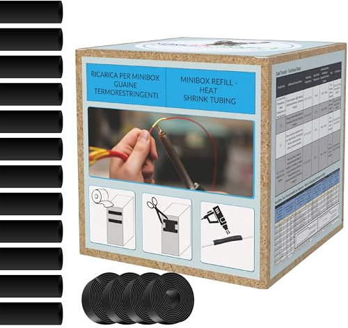 MarketConnect® Guaina Termorestringente Ø 6,4 mm, L 12mt x4 (48mt totali) • NERO • KIT RICARICA 4 PEZZI MINIBOX 2:1 STANDARD