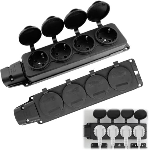 CEWOEM Lot de 2 prises extérieures, étanches, 4 prises, avec couvercles rabattables, sans câble, pour pièces humides, IP54, pour jardin, extérieur, intérieur