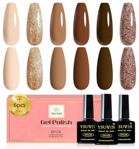 Yueshop Gel Nail Polish, 6 Colors Coffee Brown Gel Polish Autumn | Milk Nude Coffee Dark Glitter Sparkly Gold Gel Nail Varnish Soak off UV LED, Long-Lasting, Manicure Studios & Home Use, 8ml
