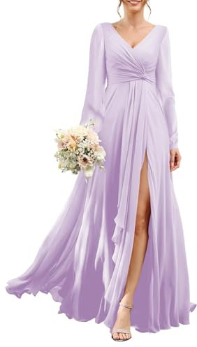 HPPEE Vestido de dama de honor de manga larga para mujer con abertura fruncida de gasa para invitada de boda, Lila, 58 Grande