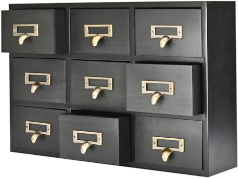 Flexzion Apothecary Cabinet with Drawers - 9 Vintage Drawers, Card Catalog Cabinet, Black Wooden Tabletop Desktop Organizer for Home Office, Jewelry, Makeup, Tools & Small Item Storage