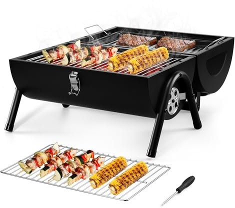 HaSteeL Portable Charcoal Grill, Outdoor Barbecue Folding Mini Smoker, Adjustable Small Tabletop Grill with Roasting Plate & Grill Grate, Two Side Grill for Camping Hiking Beach Garden Backyard Picnic