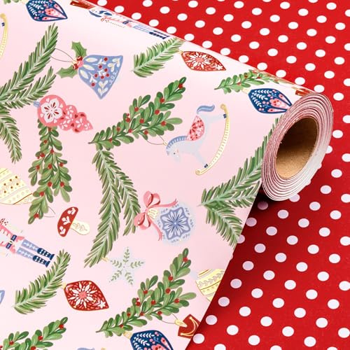Wikadlik Umkehrbares Weihnachtsgeschenkpapier – Nussknacker-Weihnachtsglocke, gepunktetes Design, rosa Geschenkpapier – 43 cm x 10 m