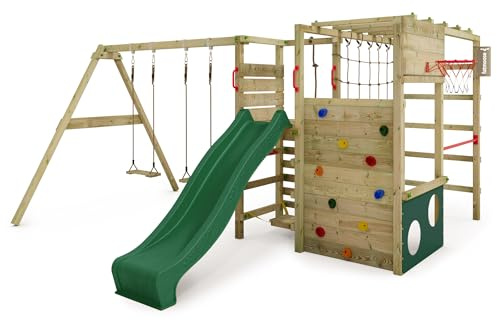 FATMOOSE ActionArena Air XXL Wooden Gantry with Swing and Slide, Children's Climbing Tower with Sandbox, Ladder and Garden Play Accessories (Green)