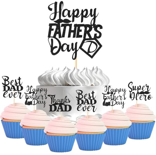 Happy Fathers Day Cupcake Topper,Happy Fathers Day Decorations,13pcs Glitter Best Dad Ever Cupcake Topper for Father's Day Theme Men Birthday Party Cake Decorations Supplies (Blcak)