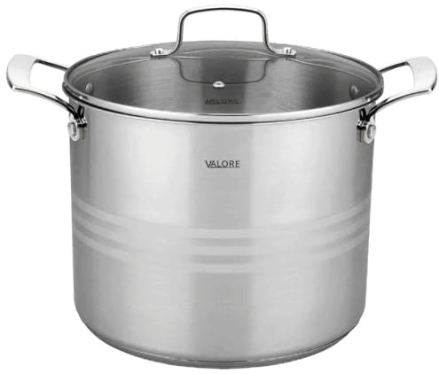 Valore 12 Qt Stainless Steel Stock Pot with Glass Lid – 5-Ply Soup Pot for Cooking & Canning – Heavy-Duty Large Cooking Pot with Brushed Stainless Finish & Riveted Handles