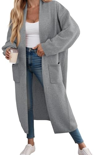 Fisoew Chaqueta de punto para mujer, cárdigan largo, de manga larga, oversized de punto, con bolsillos frontales abiertos., gris claro, XL