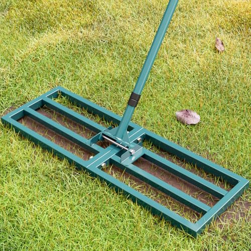 BeeOwner Râteau de nivellement de pelouse robuste en acier inoxydable 76,2 x 25,4 cm avec long manche réglable de 198,1 cm pour sol, sol, arrière-cour, terrain de golf, outils de jardin, aménagement