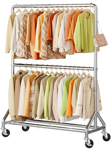 MISSLO 50 W Heavy Duty Clothes Rail with Wheels, Double Rods Industrial Clothing Rail Hanging Rack, Strong Rolling Garment Rails for Shirts, Coats, Jackets (Silver)