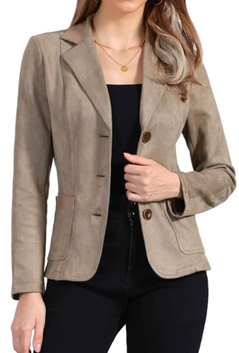 Allegra K Faux Suede Blazer for Women Lapel Collar Button Front Long Sleeve Jacket Casual Office Wear Medium Desert Tan