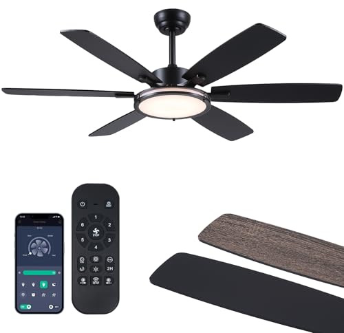 Hounberi Ceiling Fan with Light, 52in Modern Ceiling Fan with Light and Remote for Bedroom, Flush Mount, DC Reversible Motor, Black lampshade with Super Bright LED Ceiling light source,3CCT, Indoor