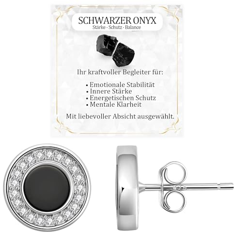 JANDY SHINE Schwarzer Onyx Ohrringe für Damen Herren 925 Sterling Silber Hypoallergene Natürlicher Edelstein Ohrstecker mit 5A Zirkonia, 10mm Durchmesser (Silber)