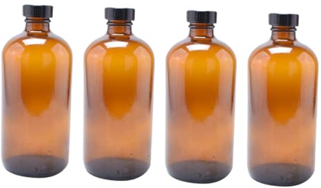 Cabilock 4pcs Amber Boston Round Glass Bottles with Caps Light Resistant Brown Glass Containers for Essential Oils Chemicals Perfumes Medicine Storage and Travel