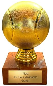 eberin Tennis Pokal 13 cm - Goldene Trophäe mit Marmorsockel & Gravurschild | Sportpreis für Vereine und Turniere - 7,5 cm Breite, 440 g Gewicht - Tennisball Figur - Auszeichnung fertig montiert
