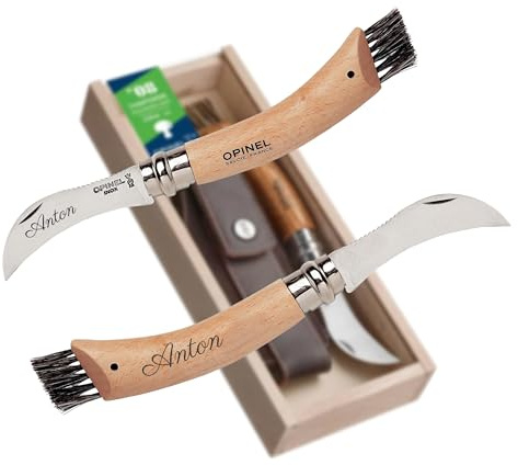 OPINEL Pilzmesser No. 08 mit Bürste – Gravur – Geschenkset im Etui | Für Pilzsammler & Naturfreunde | Eichenholz
