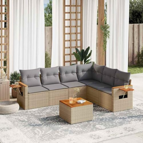 QJBSAVVA Salon de jardin 7 pièces beige 62 x 62 x 69 cm en rotin synthétique avec table en bois d'acacia, groupe de sièges modulaire avec coussins d'extérieur beige/gris, peu encombrant pour les