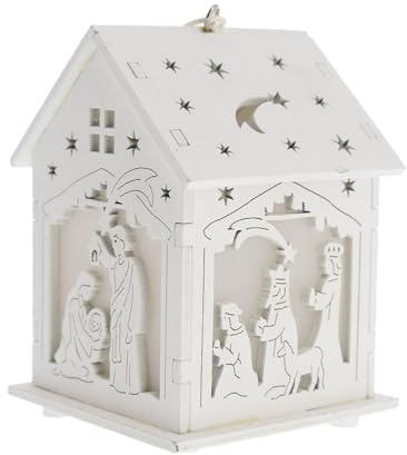SHALOM - Casetta Presepe in Legno Bianco con Luce LED. Altezza 9,7 Cm