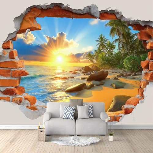 Modern Rote Backsteinfassade Meer Strand Motiv Fototapete Kinderzimmer Wandtapete Schlafzimmer, 300 x 210 cm Farbe Vliestapete Wohnzimmer Vlies Tapete, UV-Beständig Wanddekoration Tapete