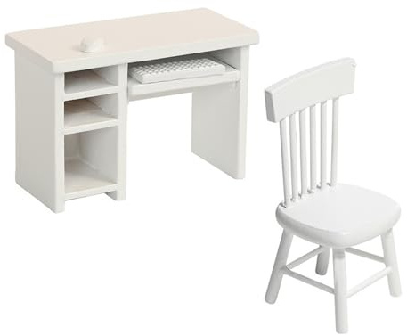 Fahoujs Detailliertes Kleines Büromöbelset Für Die Puppenhausszene Maßstab 1:12 Einschließlich Schreibtisch Und Stuhl. Hochwertiger Puppenhaus Schreibtisch Und Stuhl Aus Kunststoff