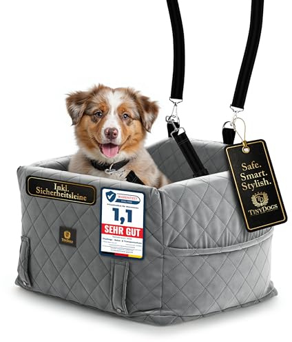 TinyDogs Hunde Autositz für kleine bis mittlere Hunde, Premium Hundesitz Auto waschbar mit Sicherheitsleine, Dog car seat, Memory-Schaum Polsterung, Hundebett Auto für Vorder- und Rücksitz, Grau