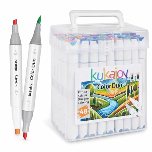 CARTOSPEDÌA 48 Pennarelli Brush Doppia Punta Kukajoy Color Duo – Punta Brush e Scalpello 1–6 mm – Set Professionale per Disegno, Coloring, Lettering e Design con Custodia