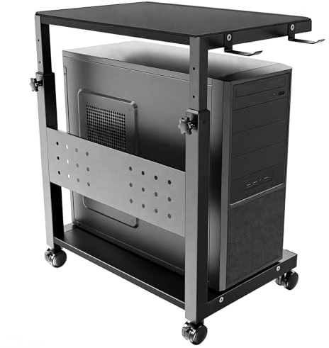Computer Tower Ständer mit Rollen - Höhenverstellbar von 52 cm bis 77 cm, 2 stöckiger PC Ständer mit Rollen und Maus Pad, Max. Belastung pro Ebene 40 kg für Gaming, Büro, Zuhause, Schwarz