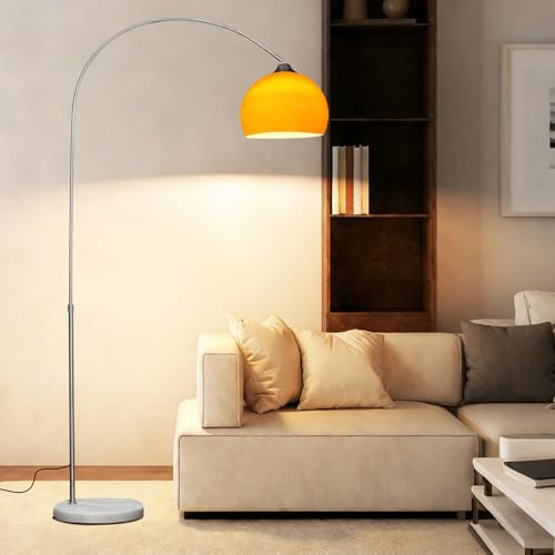 KlkrzJwy Lámpara De Pie De Arco De Mediados De Siglo, Color Naranja, Altura Ajustable, Pantalla De Globo Acrílico, Regulable E27, Base De Mármol, Para Sala De Estar Y Dormitorio (Incluye Bombilla)