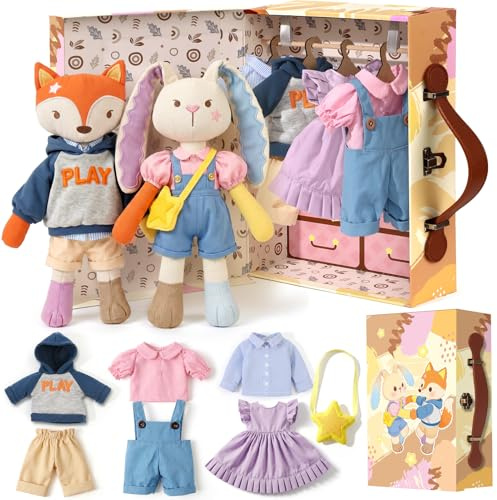 vamei Poupées en Peluche Lapin et Renard, Maison de Poupee, Dressing avec Valise, Valise pour Vêtements de Poupée, Cadeau pour Les Filles de 3 4 5 6 Ans
