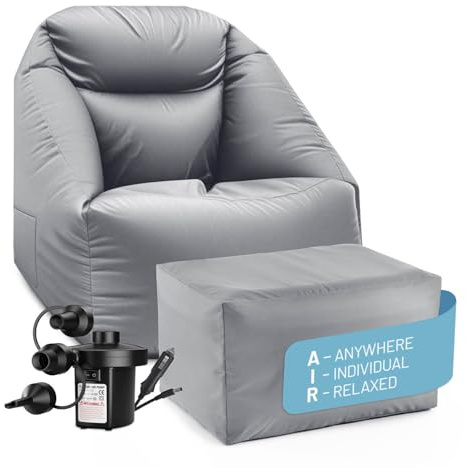 Lumaland CrozyAir Relax-Set XL Aufblasbarer Sessel + Hocker Sitzsack mit Luftpumpe 2GO | Bean Bag Waschbar, Wasserabweisend, Bis 150kg Belastbar | Outdoor Sofa für Garten & Strand, Schnell Aufgepumpt