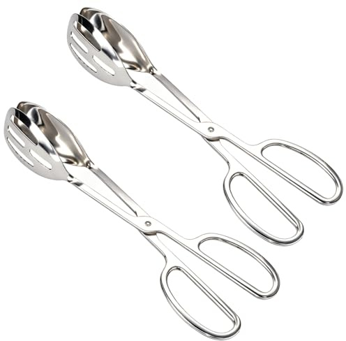 2pcs Salad Tongs for Serving, 26cm/10in Thickened Stainless Steel Heavy Duty Kitchen Scissor Tongs for Cooking Catering Buffet BBQ Baking Food Pastry Sandwich Bread & Dessert (Silver)