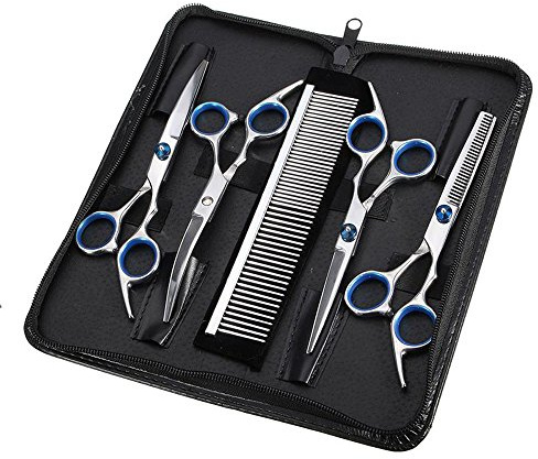 Hamkaw Tijeras de Perro Peluquería Profesional Entresacar Grooming Kit Set 4 Juegos de Tijeras Curvas para Cortar el Pelo a Mascotas Acero Inoxidable para Mascotas Perros Gatos